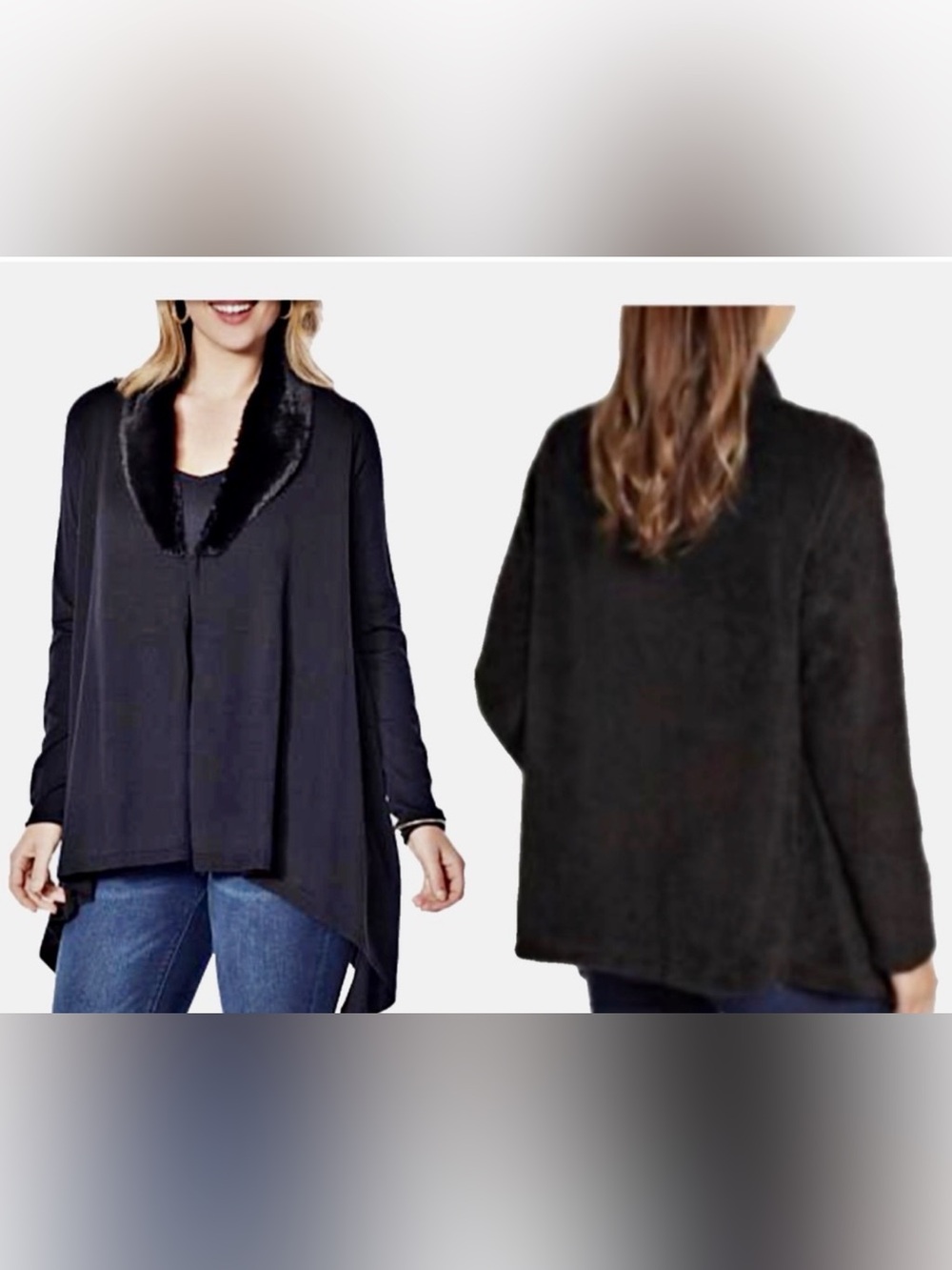 Black River ~Black ~Faux Fur Collar Knit Open Poncho ~Cover-Up For Warmth